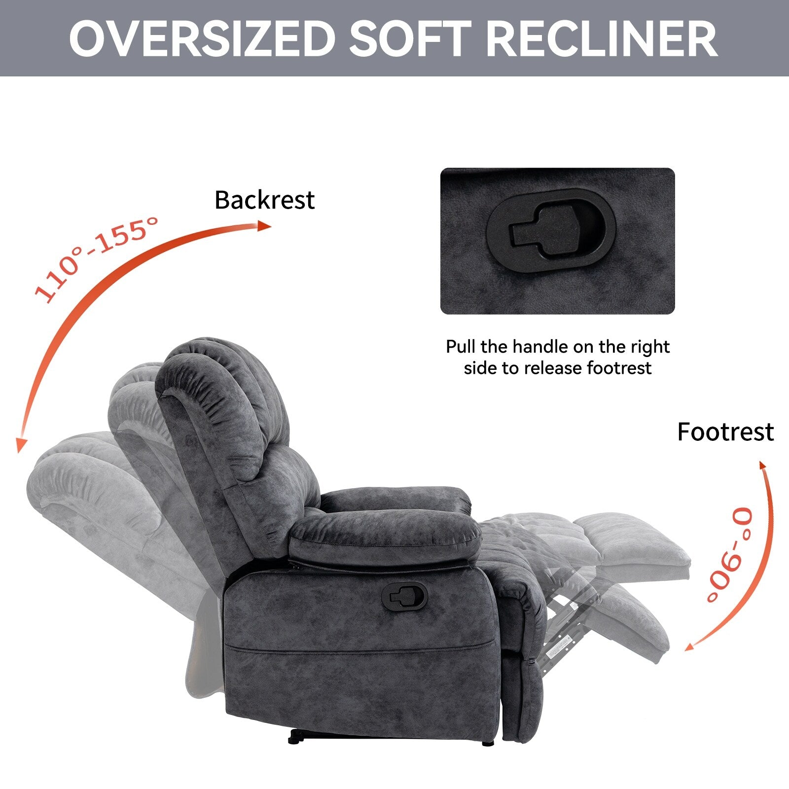 Grand fauteuil inclinable manuel pour adulte, canapé inclinable simple en tissu confortable, fauteuil inclinable rembourré pour salon