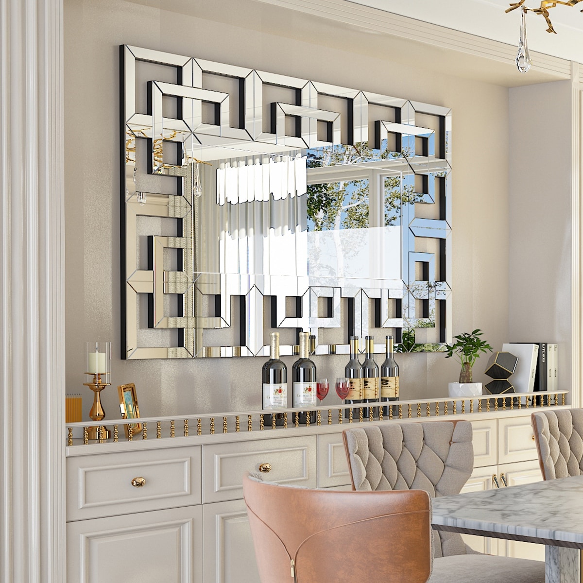 Grand miroir mural décoratif avec cadre géométrique aux accents argentés