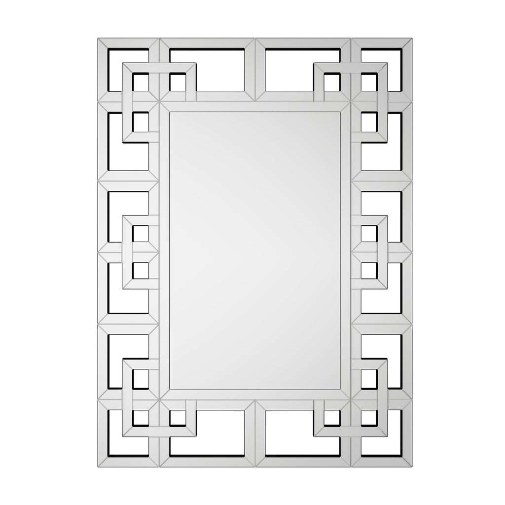 Grand miroir mural décoratif avec cadre géométrique aux accents argentés