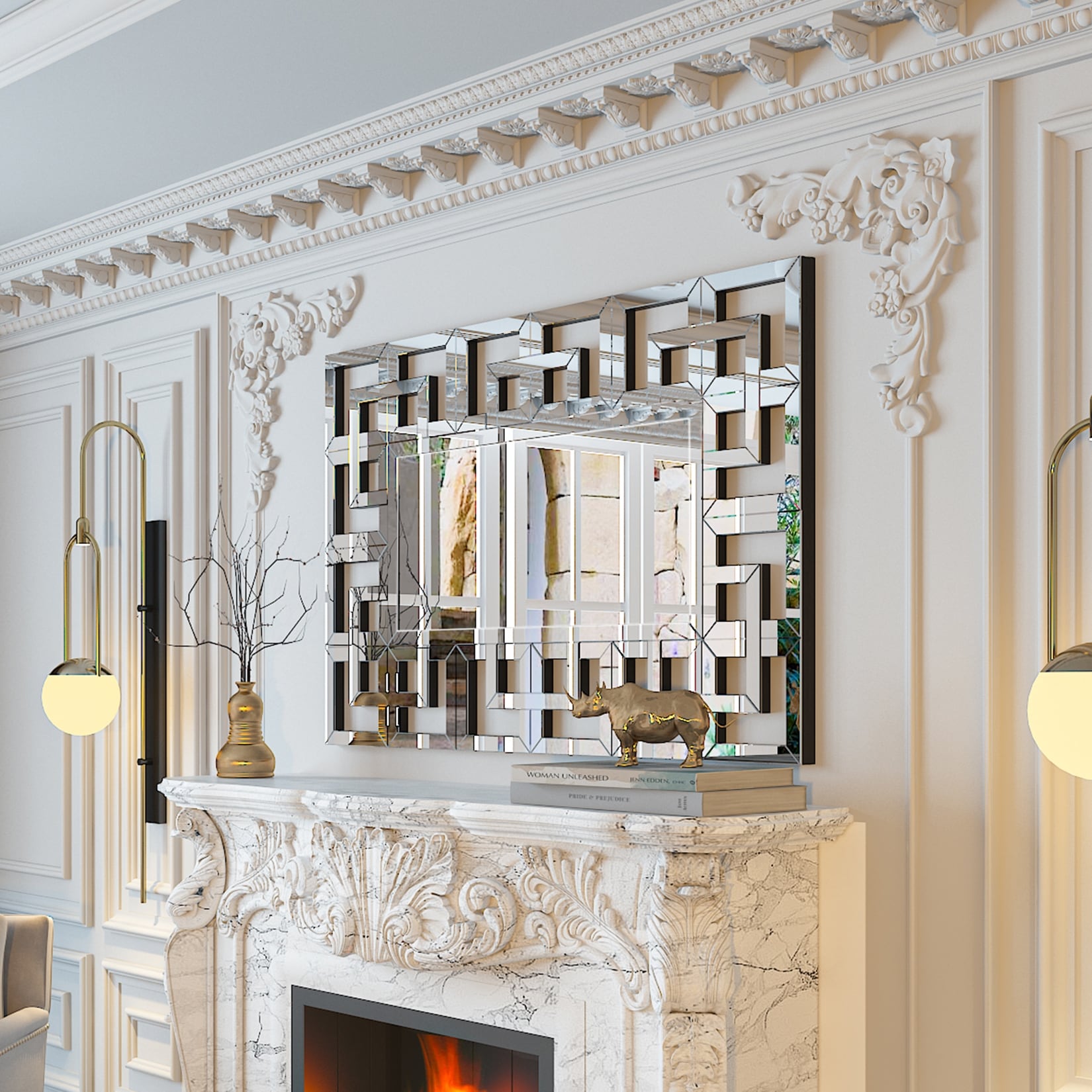 Grand miroir mural décoratif avec cadre géométrique aux accents argentés