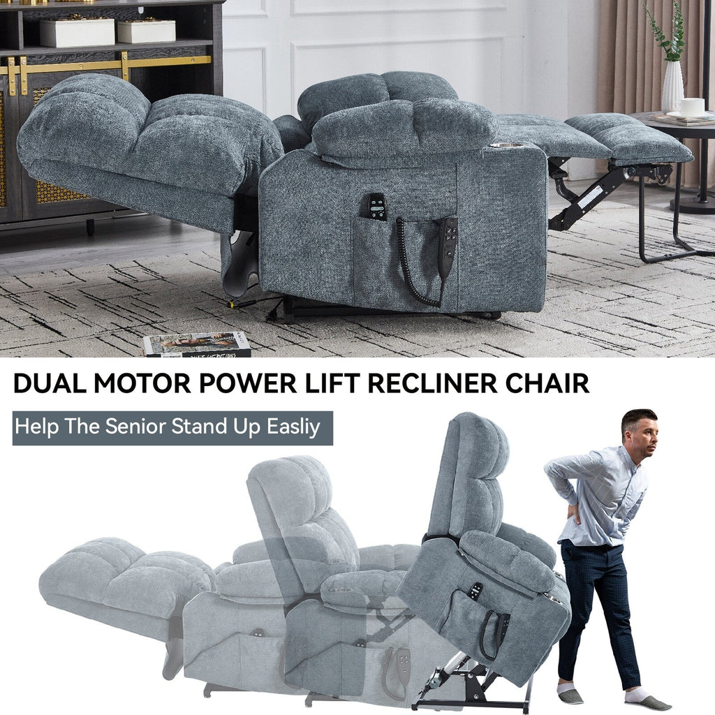 Fauteuil inclinable électrique Lazy Boy à double moteur en chenille avec massage et chauffage lombaire, deux porte-gobelets, gris-bleu