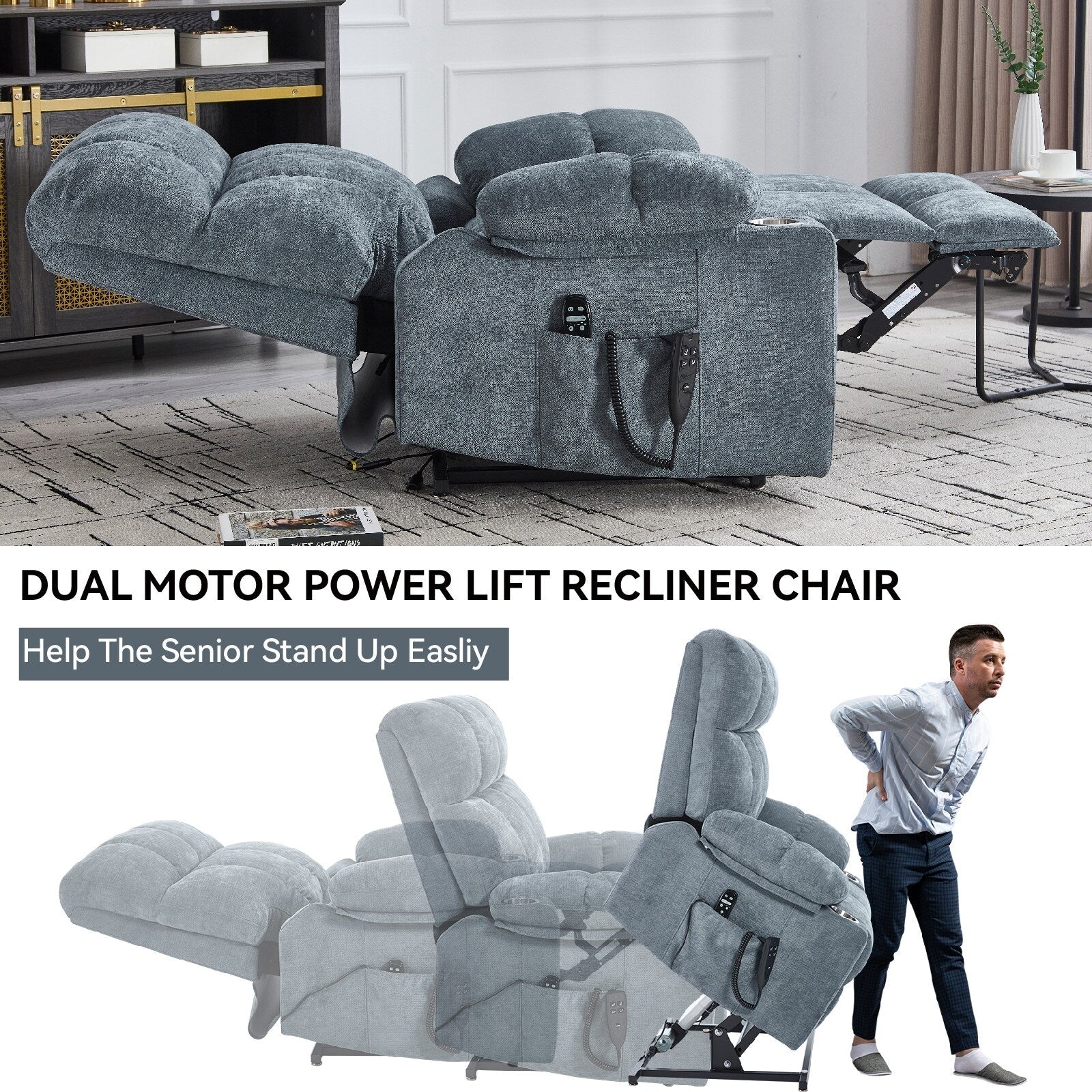 Fauteuil inclinable électrique Lazy Boy à double moteur en chenille avec massage et chauffage lombaire, deux porte-gobelets, gris-bleu