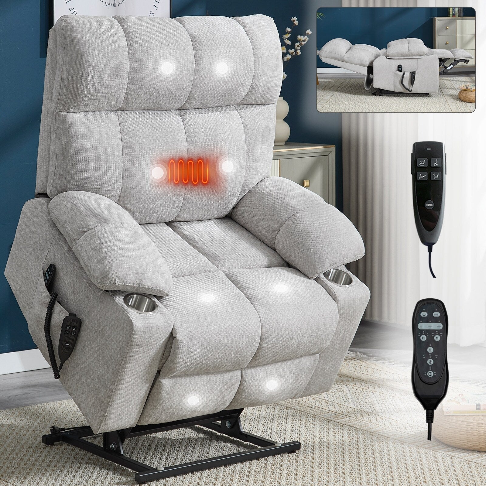 Fauteuil inclinable électrique Lazy Boy à double moteur en chenille avec massage et chauffage lombaire, deux porte-gobelets, gris-bleu