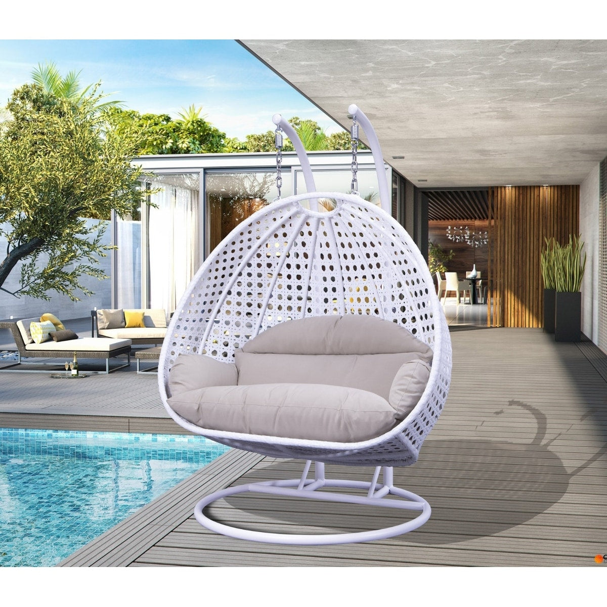 Fauteuil suspendu LeisureMod pour 2 personnes avec support - Chaise longue hamac en rotin et osier pour patio extérieur/intérieur avec coussins