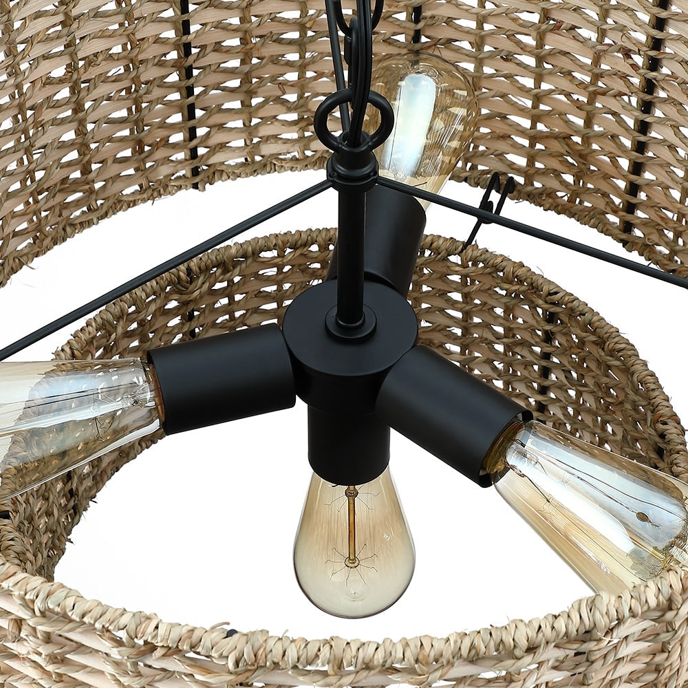 Lustre tambour à 4 lumières en rotin Lennie de 20 po avec auvent noir - 20 po de largeur - 20 po de largeur