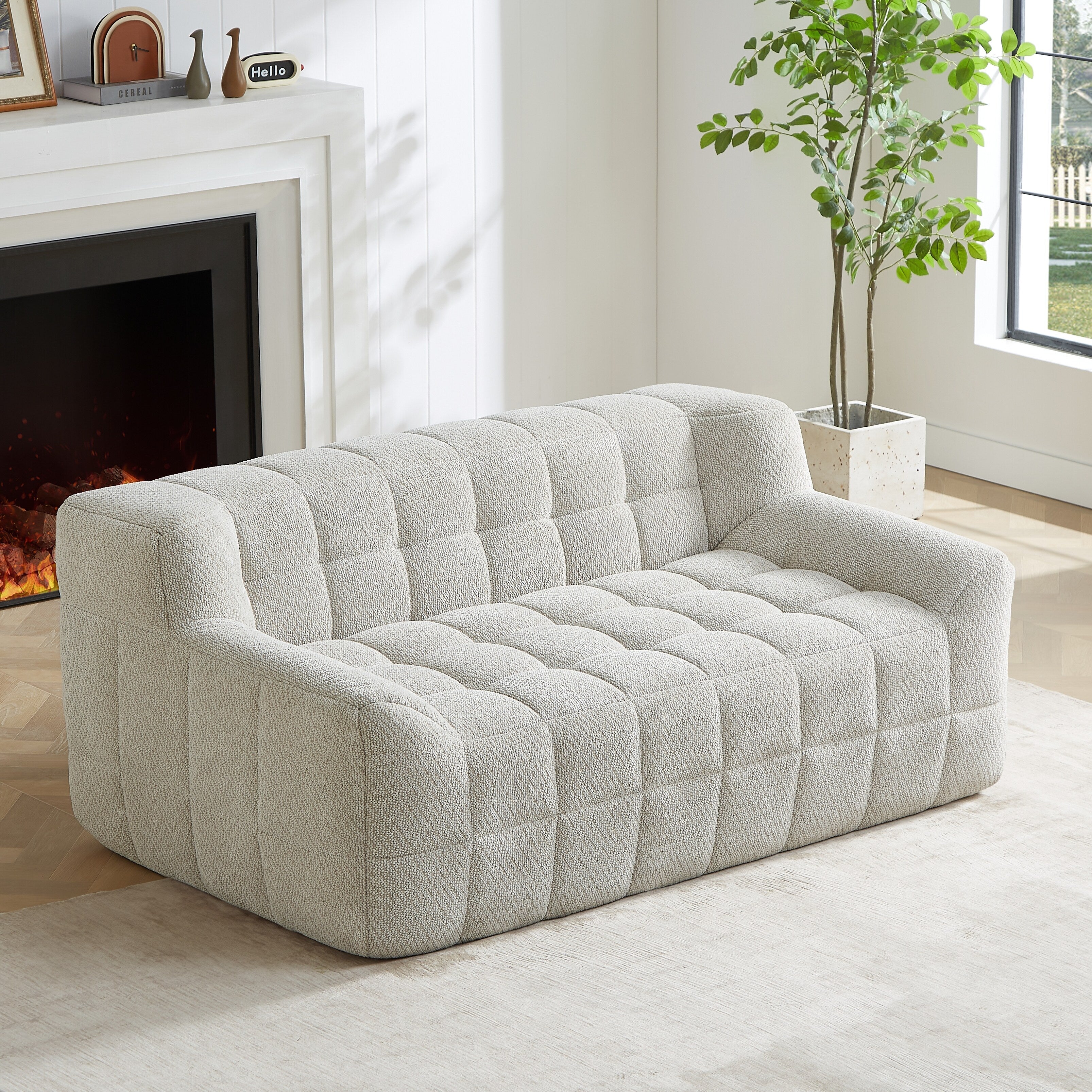 Canapé 2 places Liyasi à compression complète en velours litchi beige, aucun assemblage requis