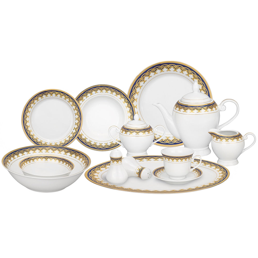Service de table en porcelaine 57 pièces aux accents dorés et bleus de Lorren Home Trends