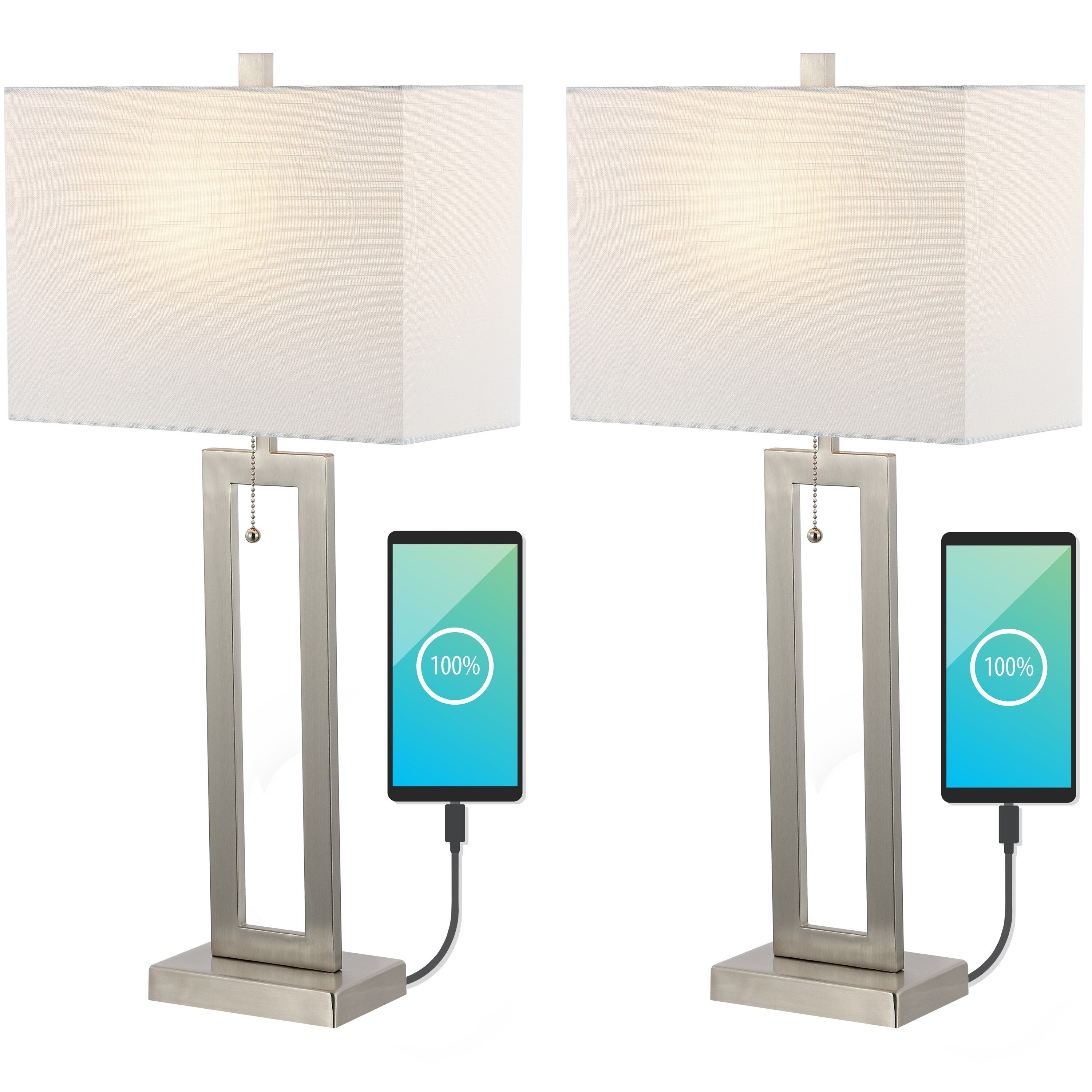 Lampe de table LED industrielle vintage Lucie 28,5 cm avec chaînette et port de chargement USB (lot de 2) par JONATHAN Y