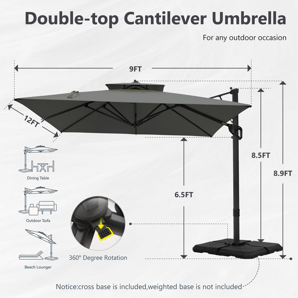MAISON ARTS Parasol déporté hydraulique automatique de 12 pieds avec mât en aluminium et rotation à 360 degrés
