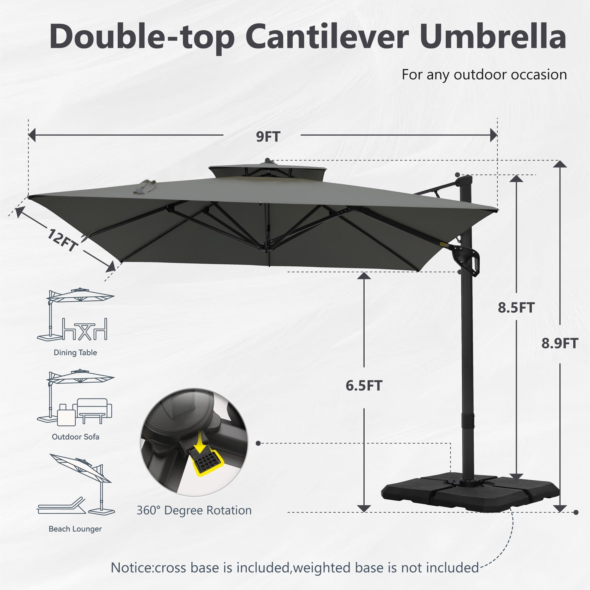 MAISON ARTS Parasol déporté hydraulique automatique de 12 pieds avec mât en aluminium et rotation à 360 degrés