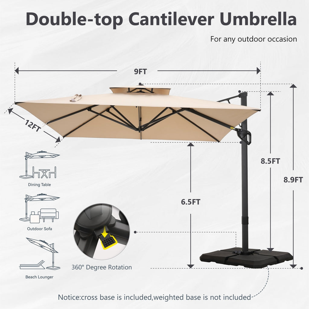 MAISON ARTS Parasol déporté hydraulique automatique de 12 pieds avec mât en aluminium et rotation à 360 degrés