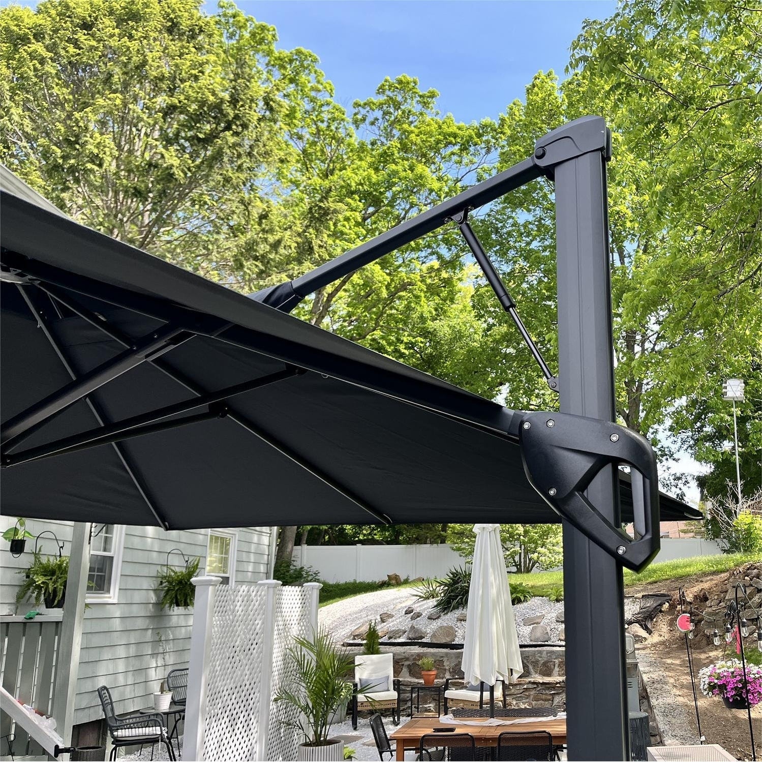 MAISON ARTS Parasol déporté hydraulique automatique de 12 pieds avec mât en aluminium et rotation à 360 degrés