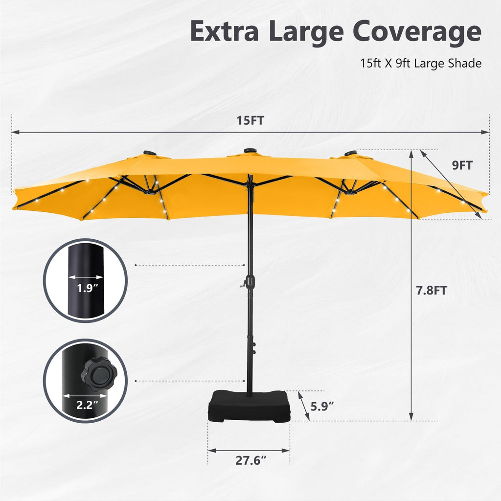 MAISON ARTS Parasol de marché extérieur rectangulaire à manivelle double face de 15 pieds Parasol de patio éclairé par LED solaire avec base incluse
