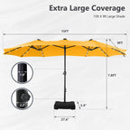 MAISON ARTS Parasol de marché extérieur rectangulaire à manivelle double face de 15 pieds Parasol de patio éclairé par LED solaire avec base incluse