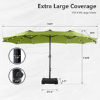 MAISON ARTS Parasol de marché extérieur rectangulaire à manivelle double face de 15 pieds Parasol de patio éclairé par LED solaire avec base incluse