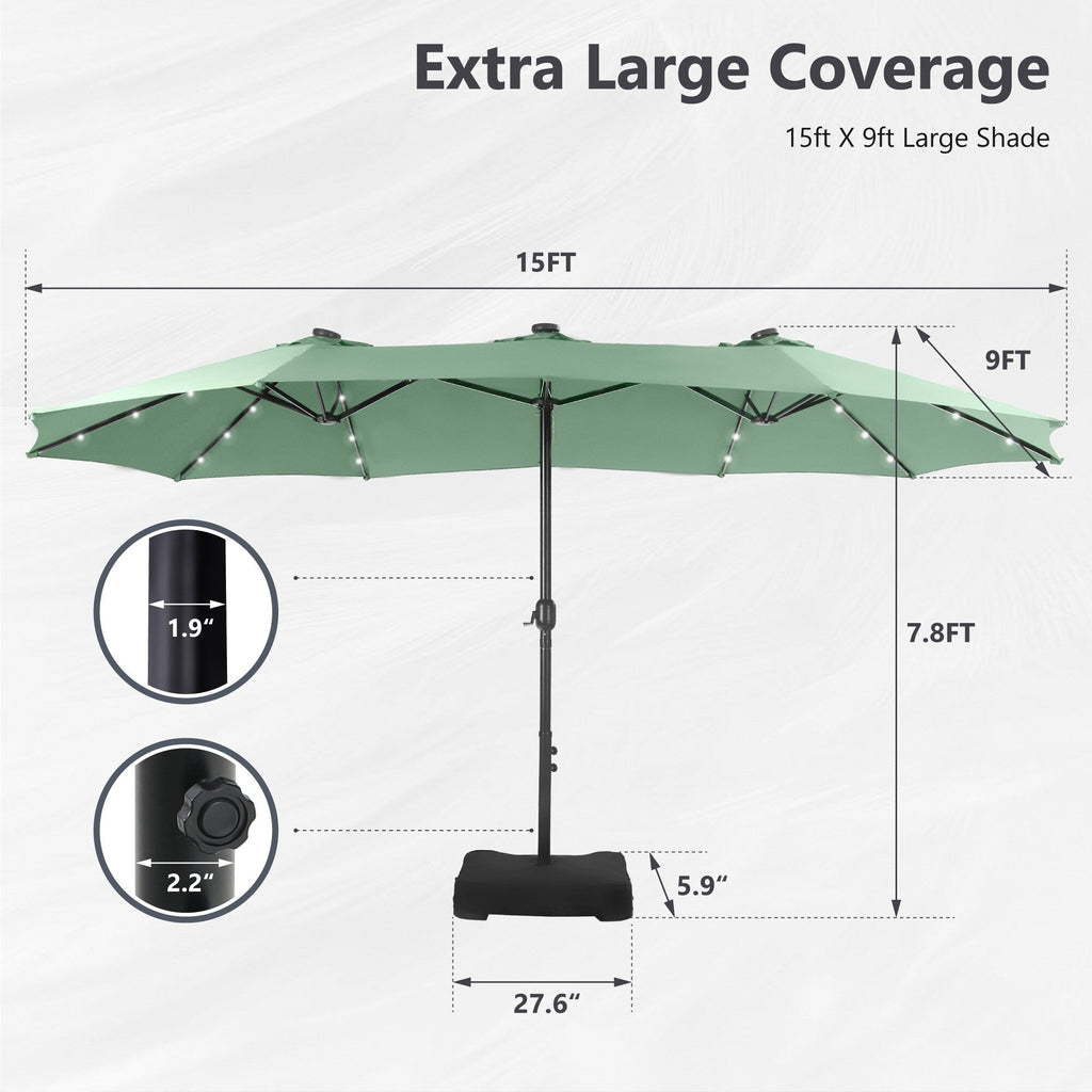 MAISON ARTS Parasol de marché extérieur rectangulaire à manivelle double face de 15 pieds Parasol de patio éclairé par LED solaire avec base incluse