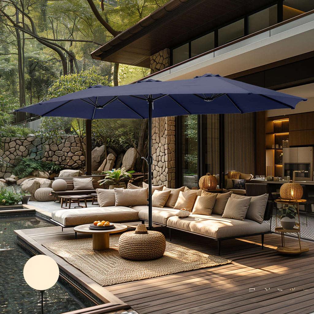 Parasol double extra large de 15 pieds pour patio double face de MAISON ARTS avec base incluse