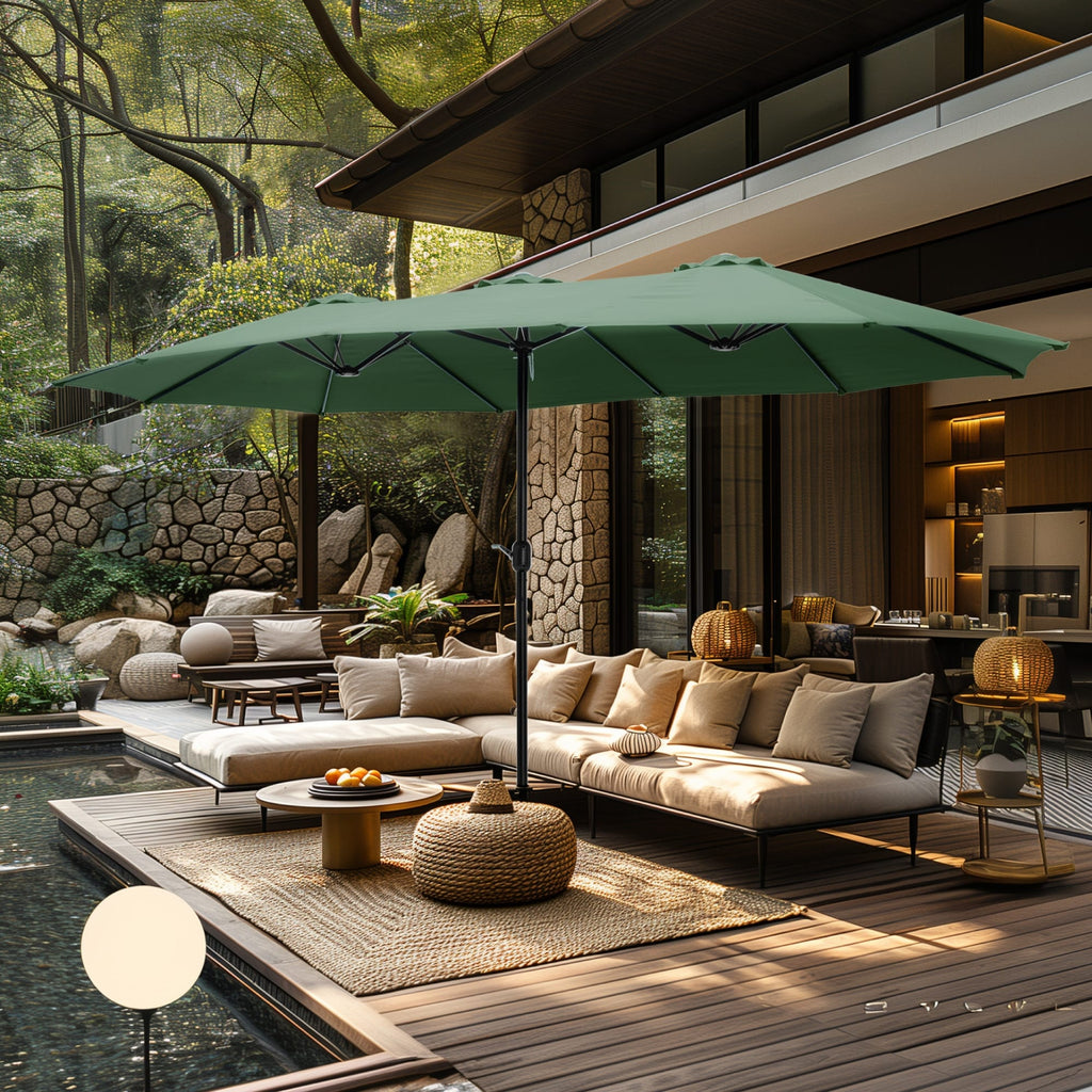Parasol double extra large de 15 pieds pour patio double face de MAISON ARTS avec base incluse