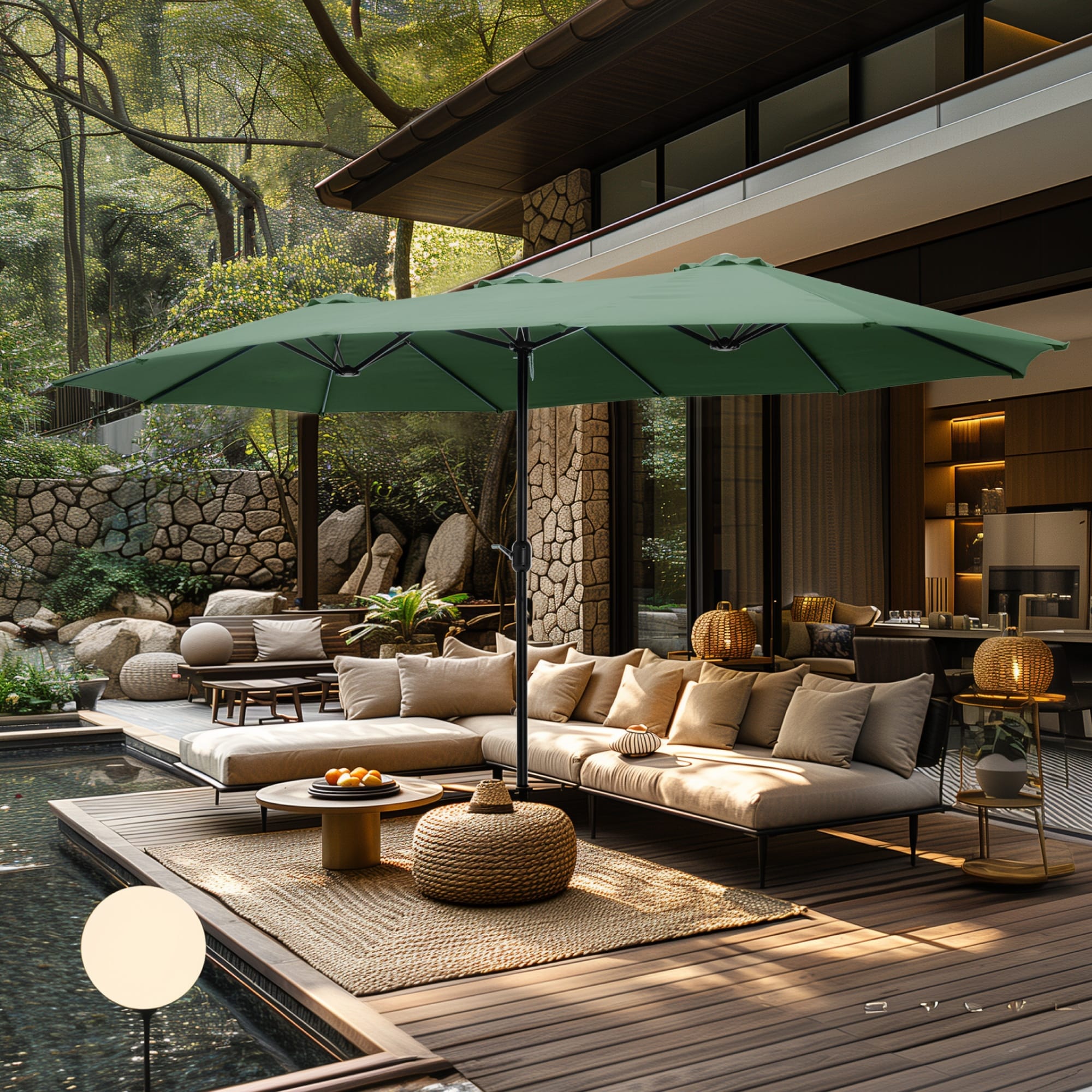 Parasol double extra large de 15 pieds pour patio double face de MAISON ARTS avec base incluse