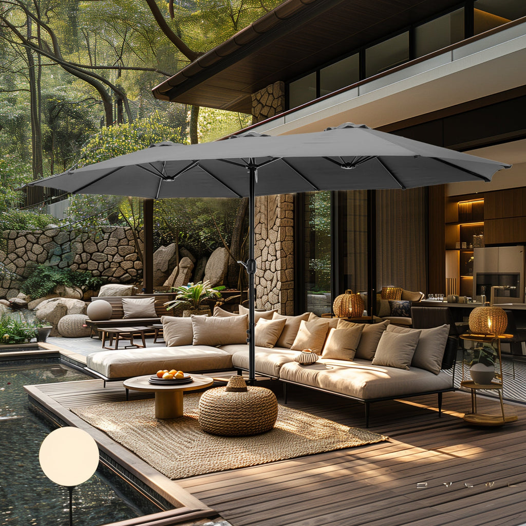 Parasol double extra large de 15 pieds pour patio double face de MAISON ARTS avec base incluse