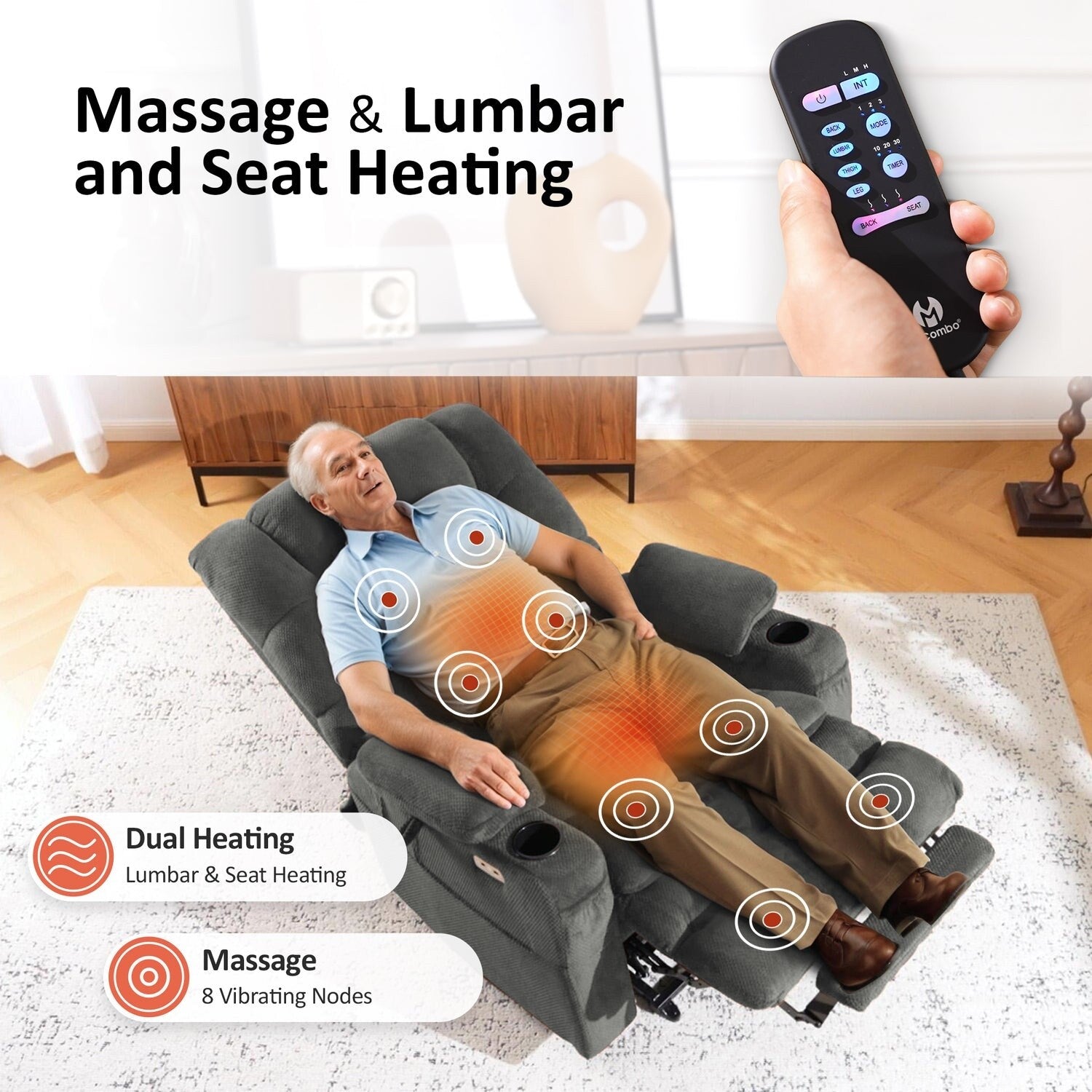 Fauteuil inclinable électrique à double moteur MCombo, grand format, avec massage et double chauffage, pour personnes âgées de grande taille, tissu R7635
