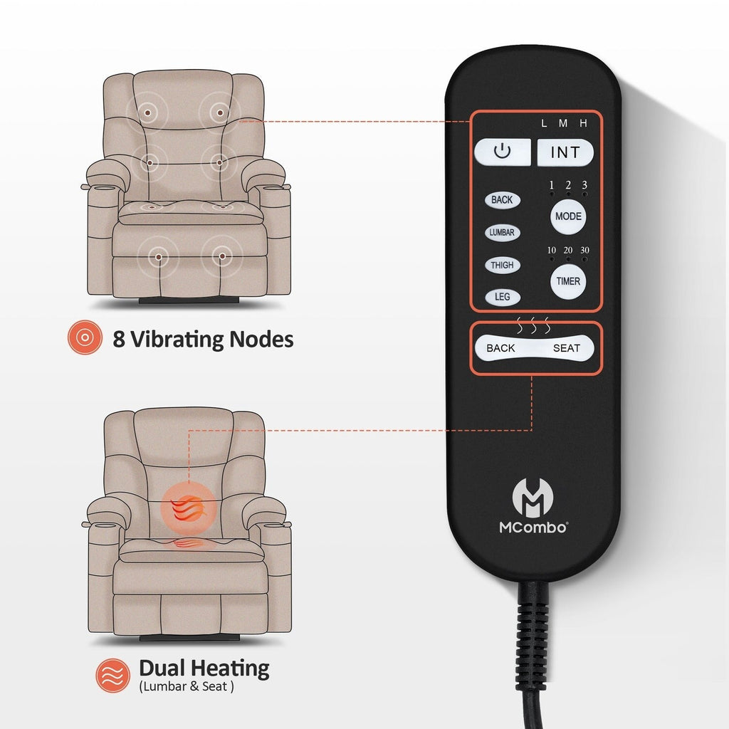 Fauteuil inclinable électrique à double moteur MCombo, grand format, avec massage et double chauffage, pour personnes âgées de grande taille, tissu R7635