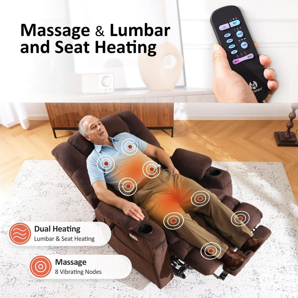 Fauteuil inclinable électrique à double moteur MCombo, grand format, avec massage et double chauffage, pour personnes âgées de grande taille, tissu R7635
