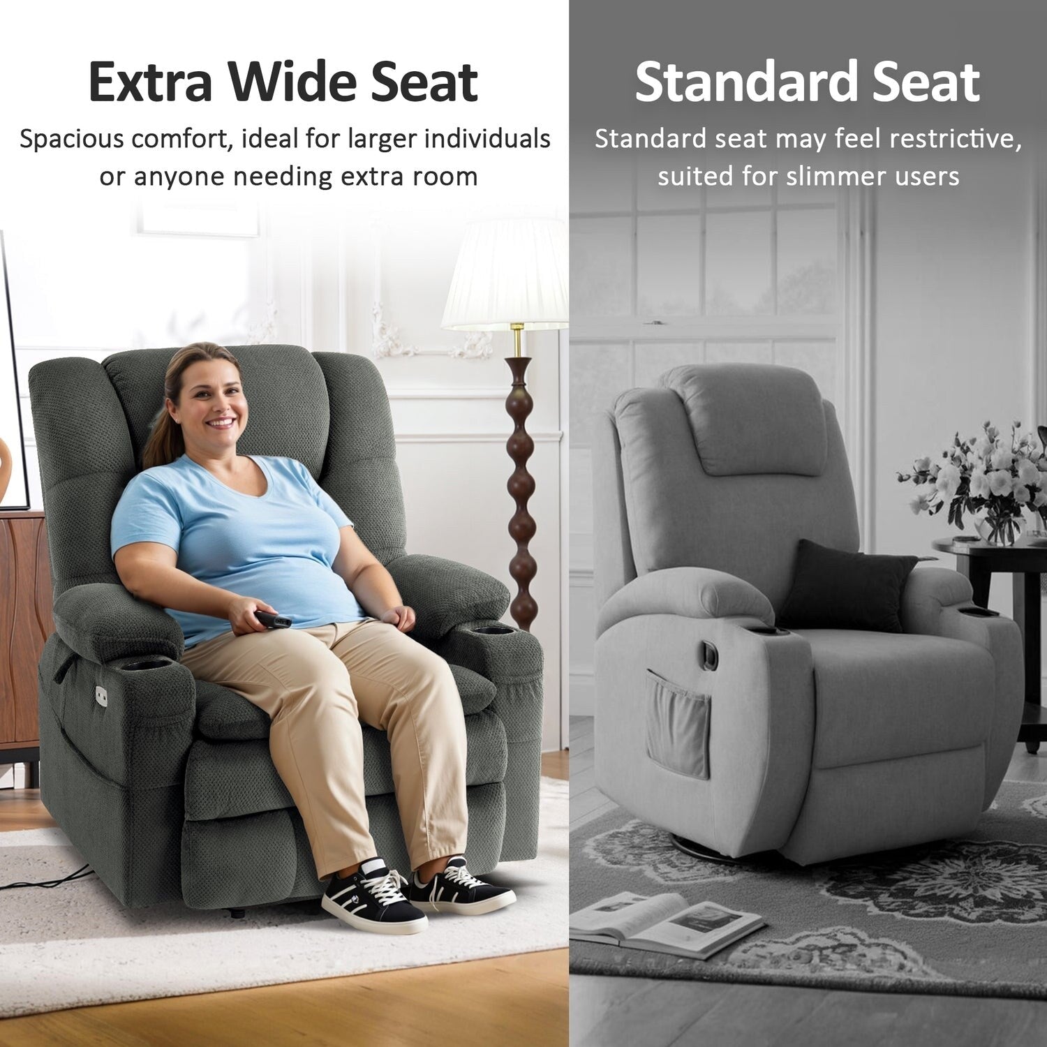 Fauteuil inclinable électrique à double moteur MCombo, grand format, avec massage et double chauffage, pour personnes âgées de grande taille, tissu R7635
