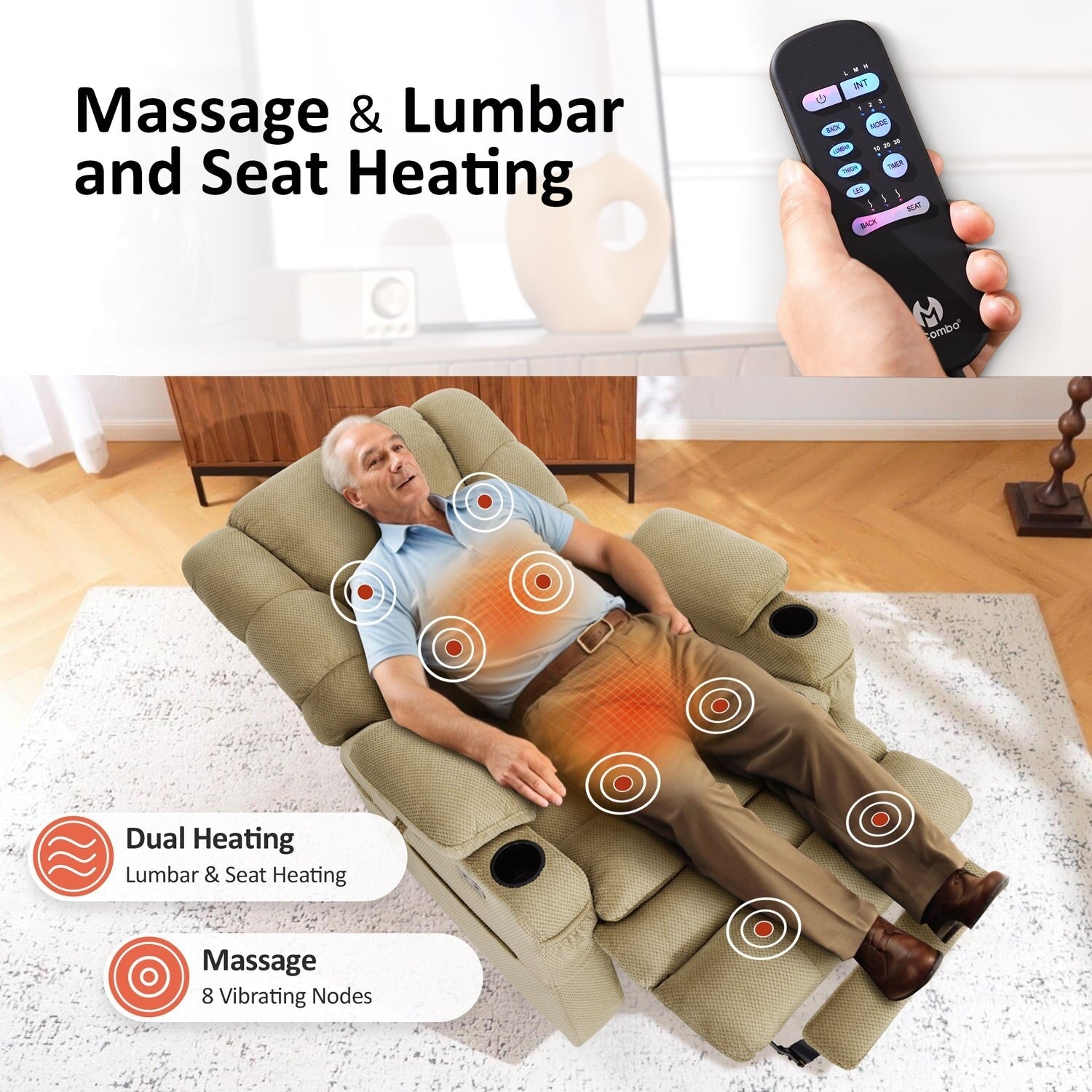 Fauteuil inclinable électrique à double moteur MCombo, grand format, avec massage et double chauffage, pour personnes âgées de grande taille, tissu R7635