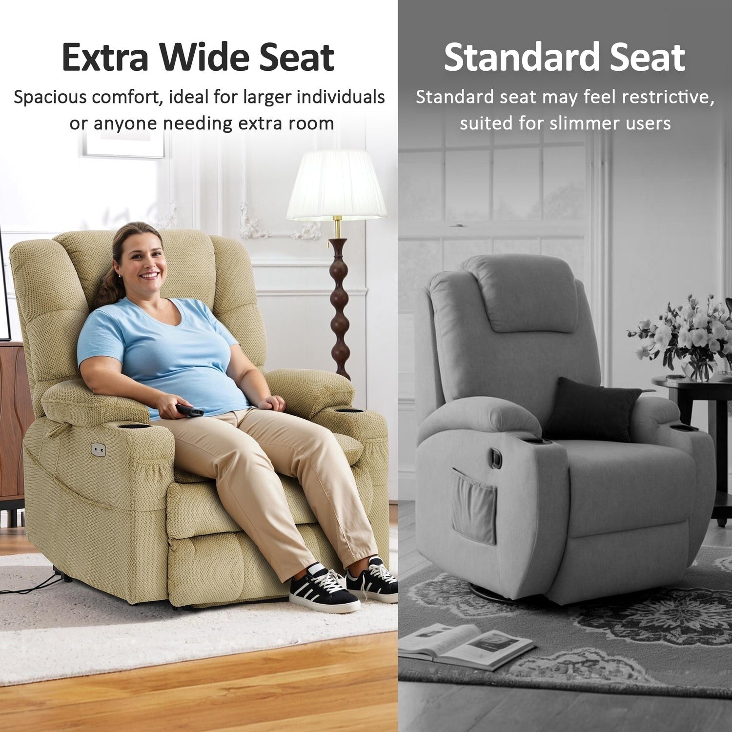 Fauteuil inclinable électrique à double moteur MCombo, grand format, avec massage et double chauffage, pour personnes âgées de grande taille, tissu R7635