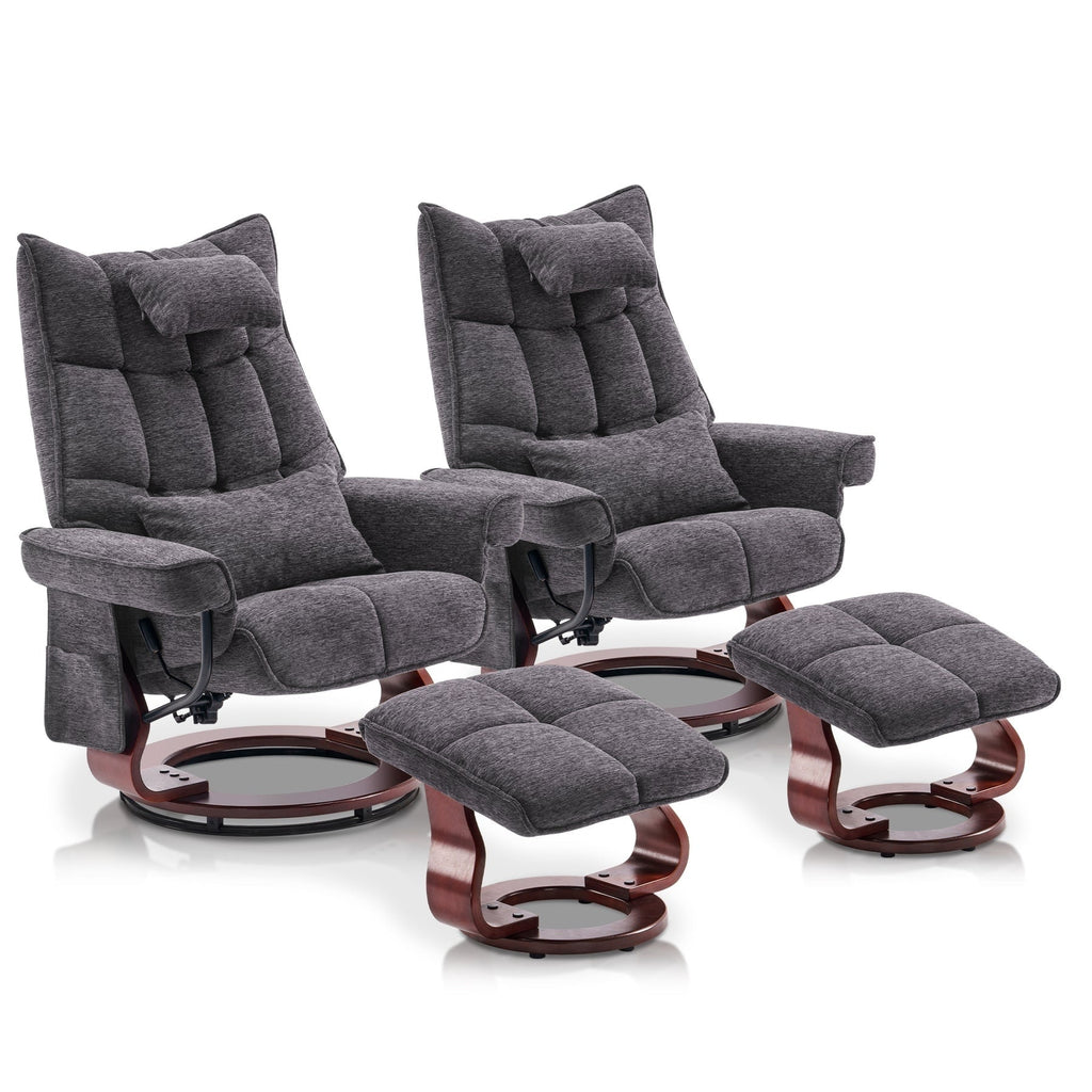 Ensemble de 2 fauteuils inclinables pivotants avec pouf et coussin de nuque, tissu chenille