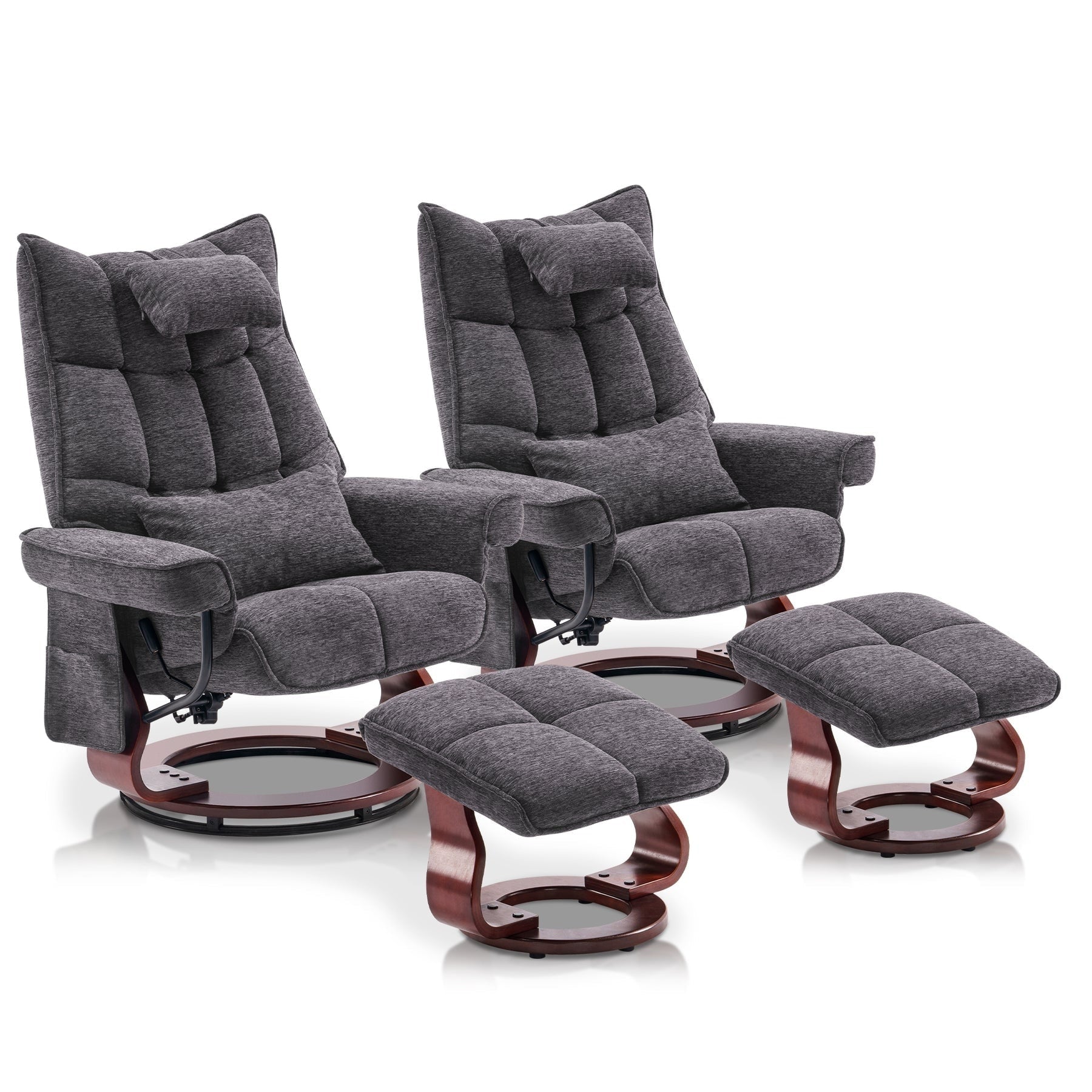 Ensemble de 2 fauteuils inclinables pivotants avec pouf et coussin de nuque, tissu chenille