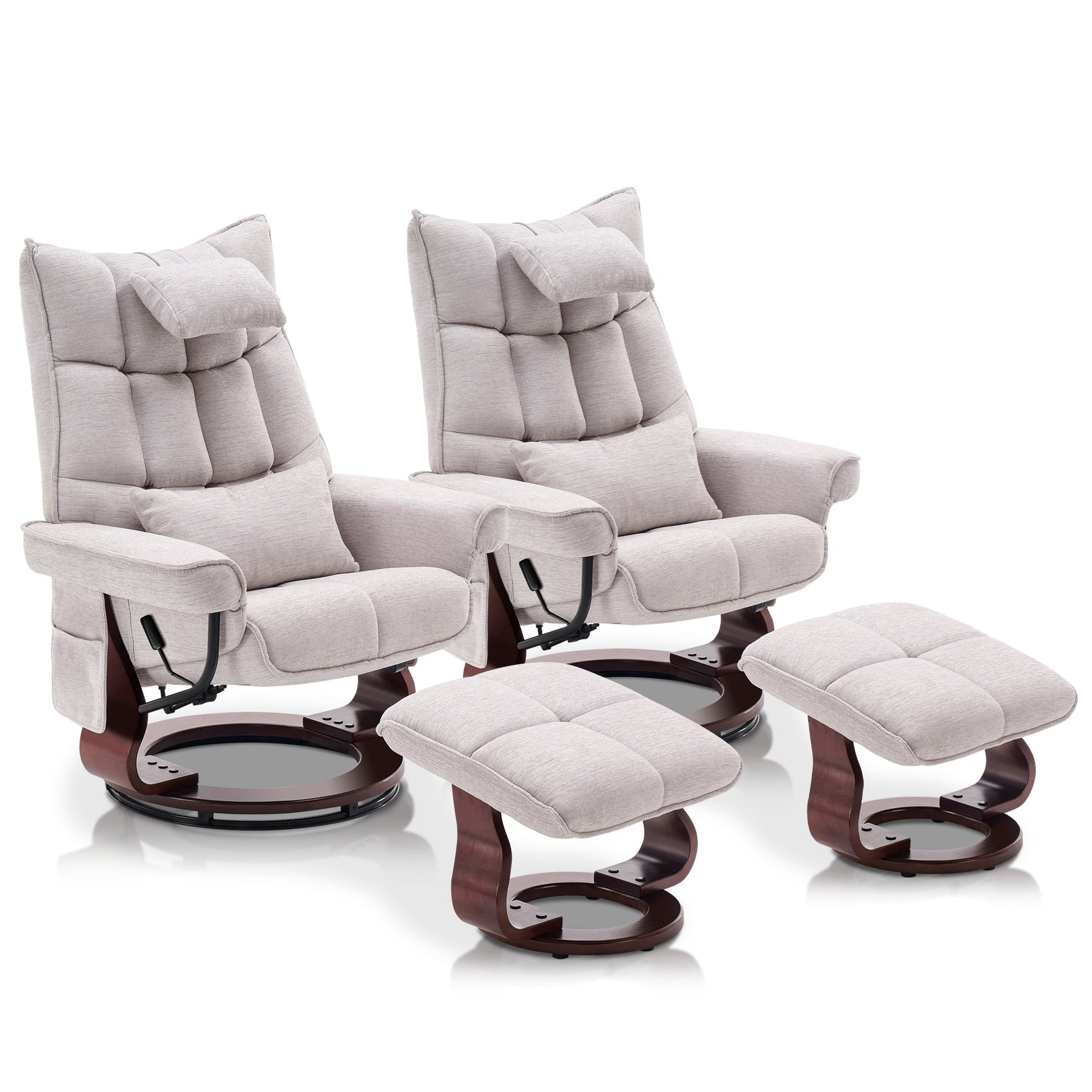 Ensemble de 2 fauteuils inclinables pivotants avec pouf et coussin de nuque, tissu chenille