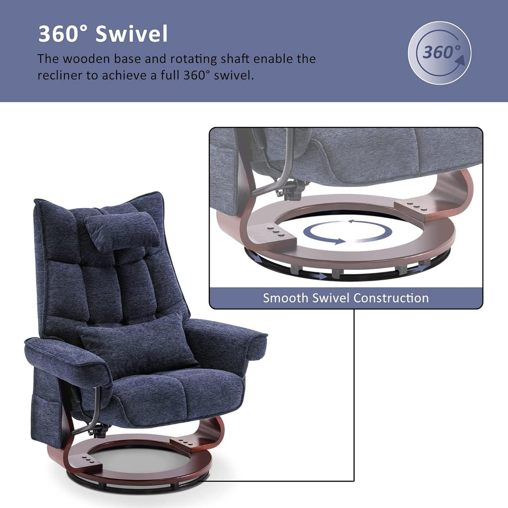 Ensemble de 2 fauteuils inclinables pivotants avec pouf et coussin de nuque, tissu chenille