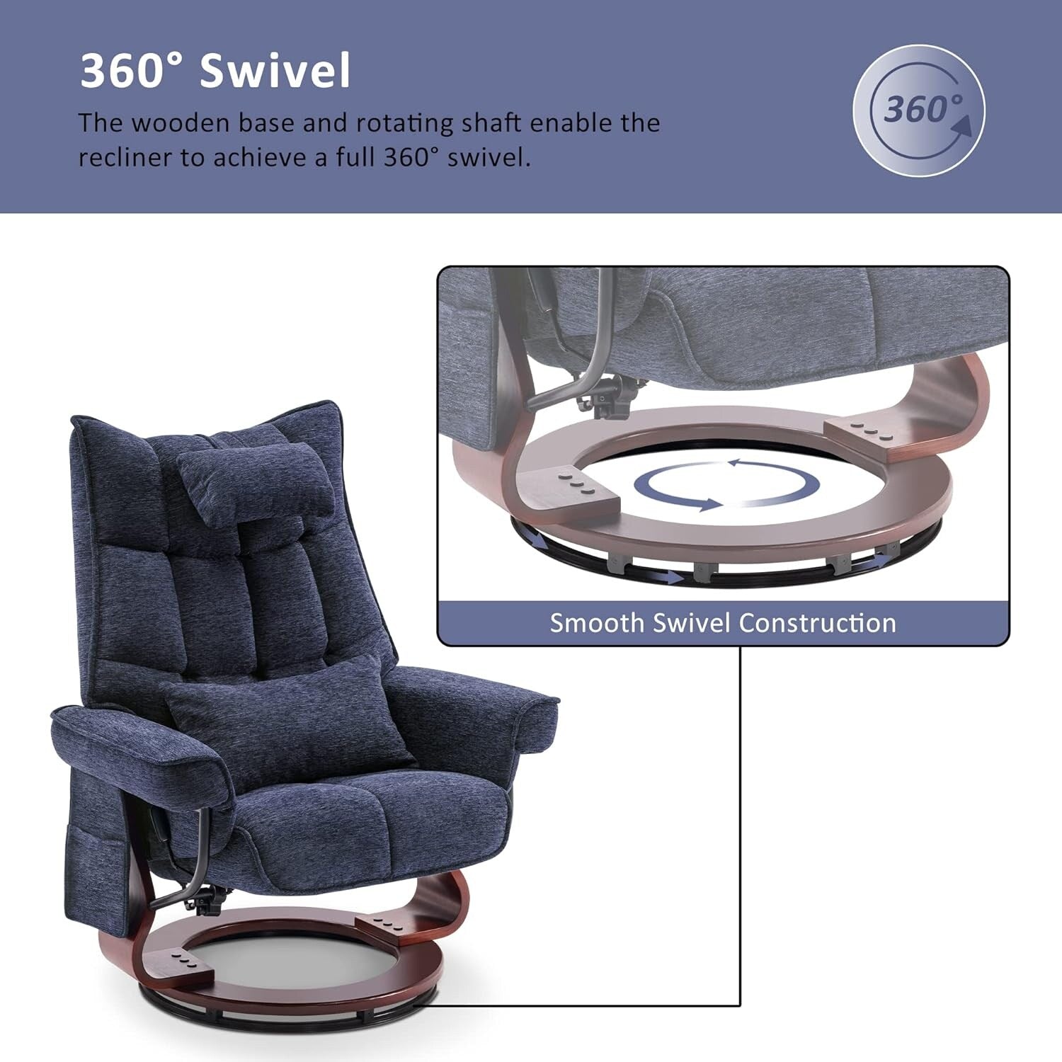 Ensemble de 2 fauteuils inclinables pivotants avec pouf et coussin de nuque, tissu chenille