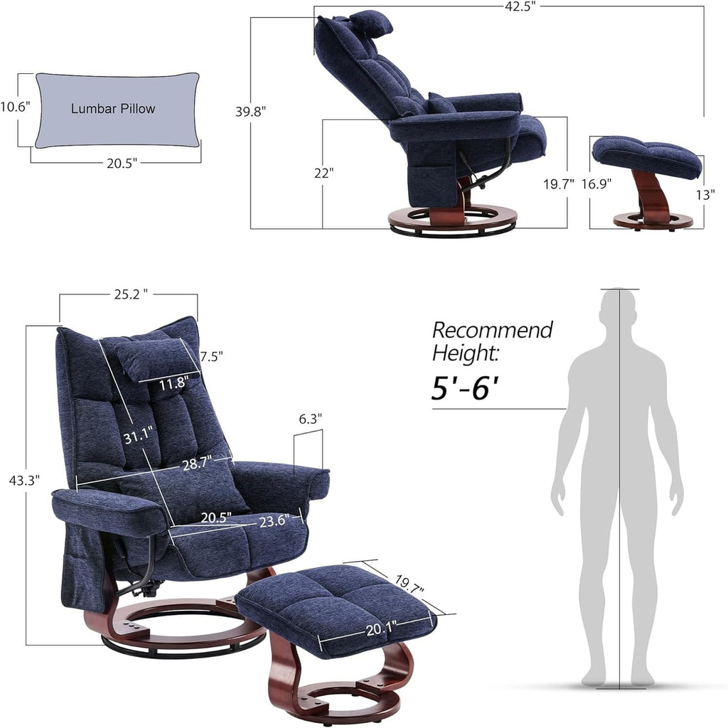 Ensemble de 2 fauteuils inclinables pivotants avec pouf et coussin de nuque, tissu chenille