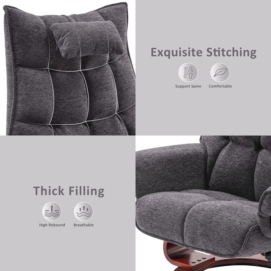 Ensemble de 2 fauteuils inclinables pivotants avec pouf et coussin de nuque, tissu chenille