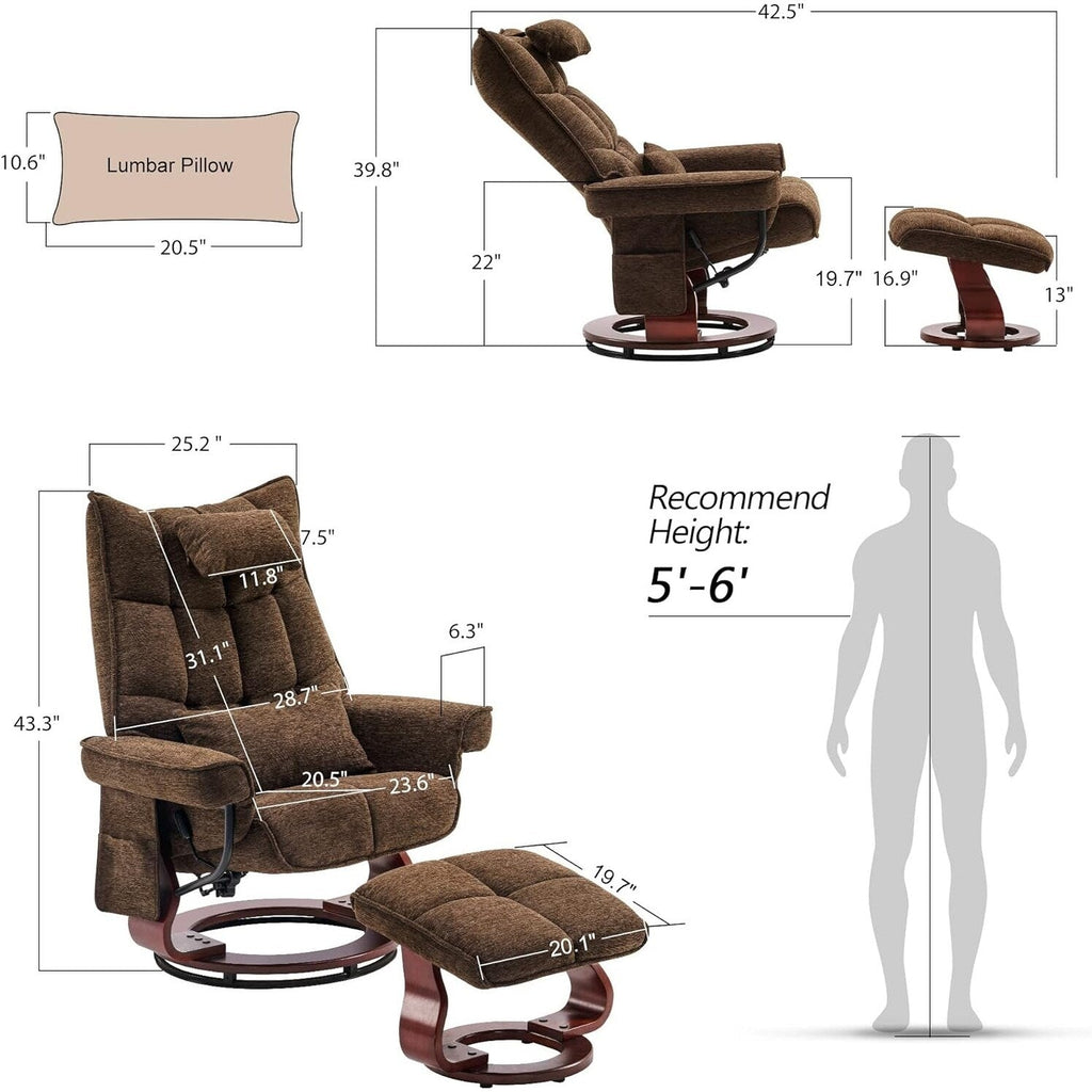 Ensemble de 2 fauteuils inclinables pivotants avec pouf et coussin de nuque, tissu chenille