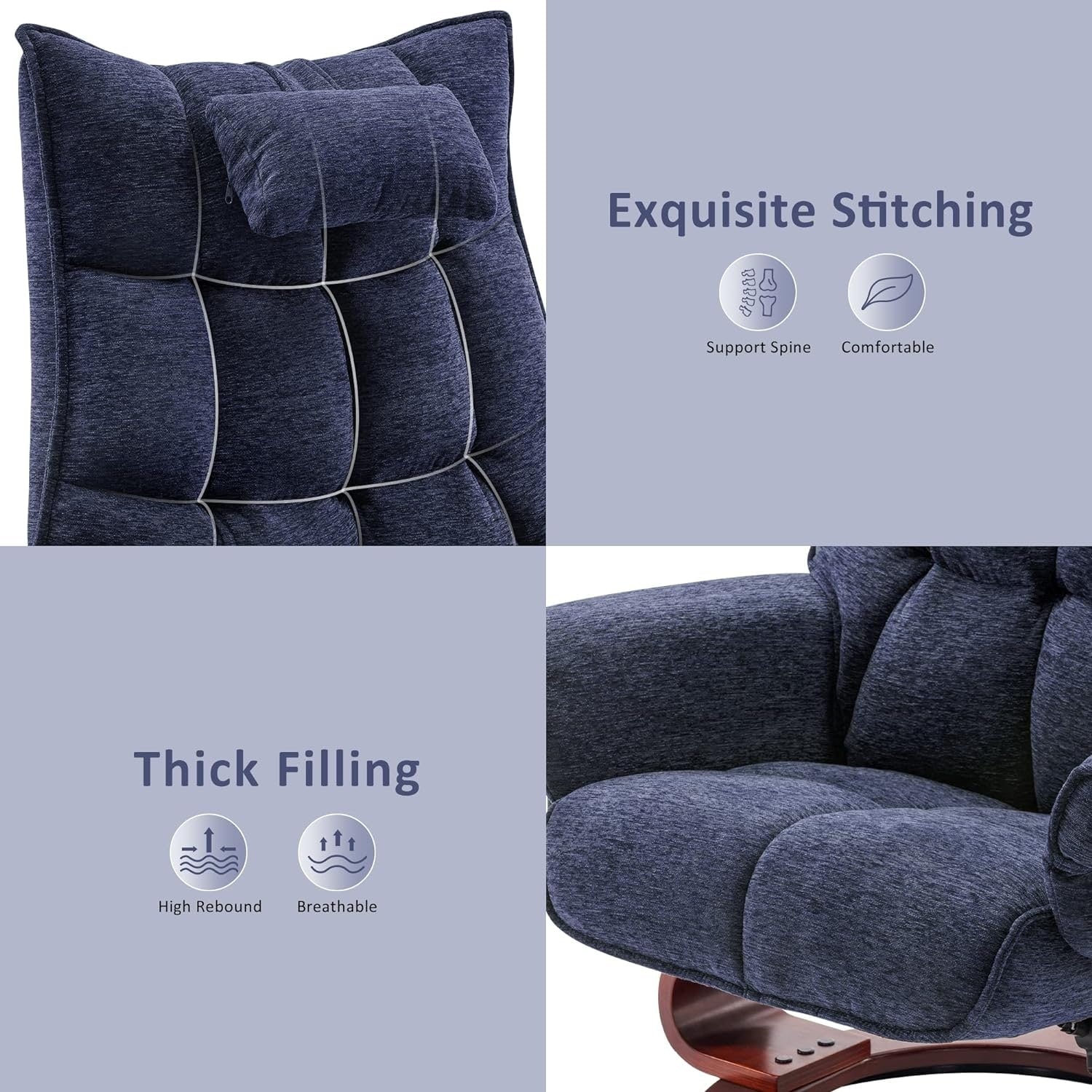 Ensemble de 2 fauteuils inclinables pivotants avec pouf et coussin de nuque, tissu chenille