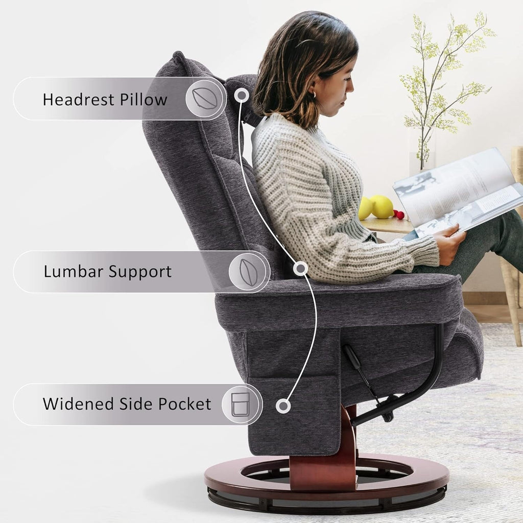 Ensemble de 2 fauteuils inclinables pivotants avec pouf et coussin de nuque, tissu chenille