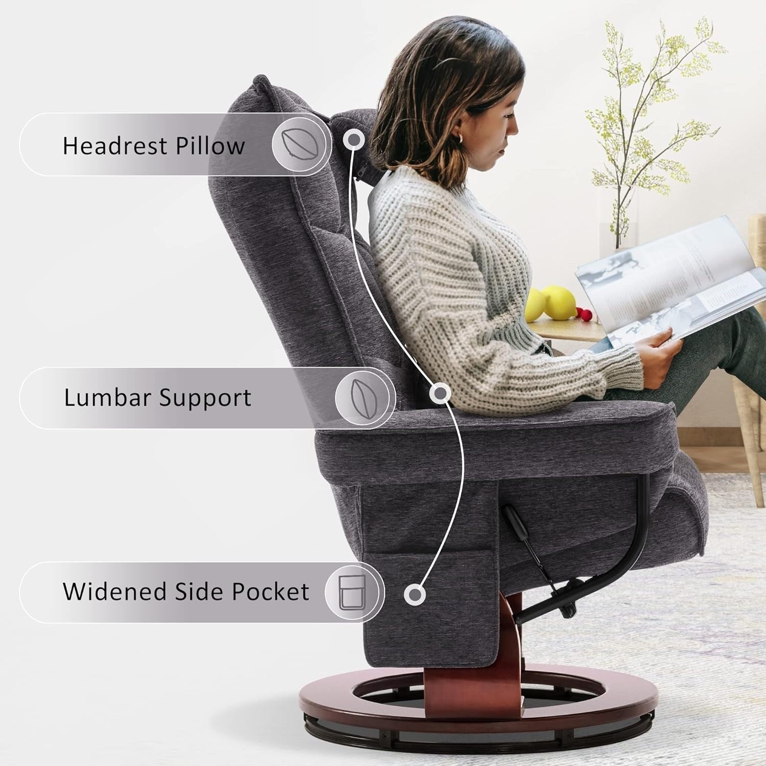 Ensemble de 2 fauteuils inclinables pivotants avec pouf et coussin de nuque, tissu chenille