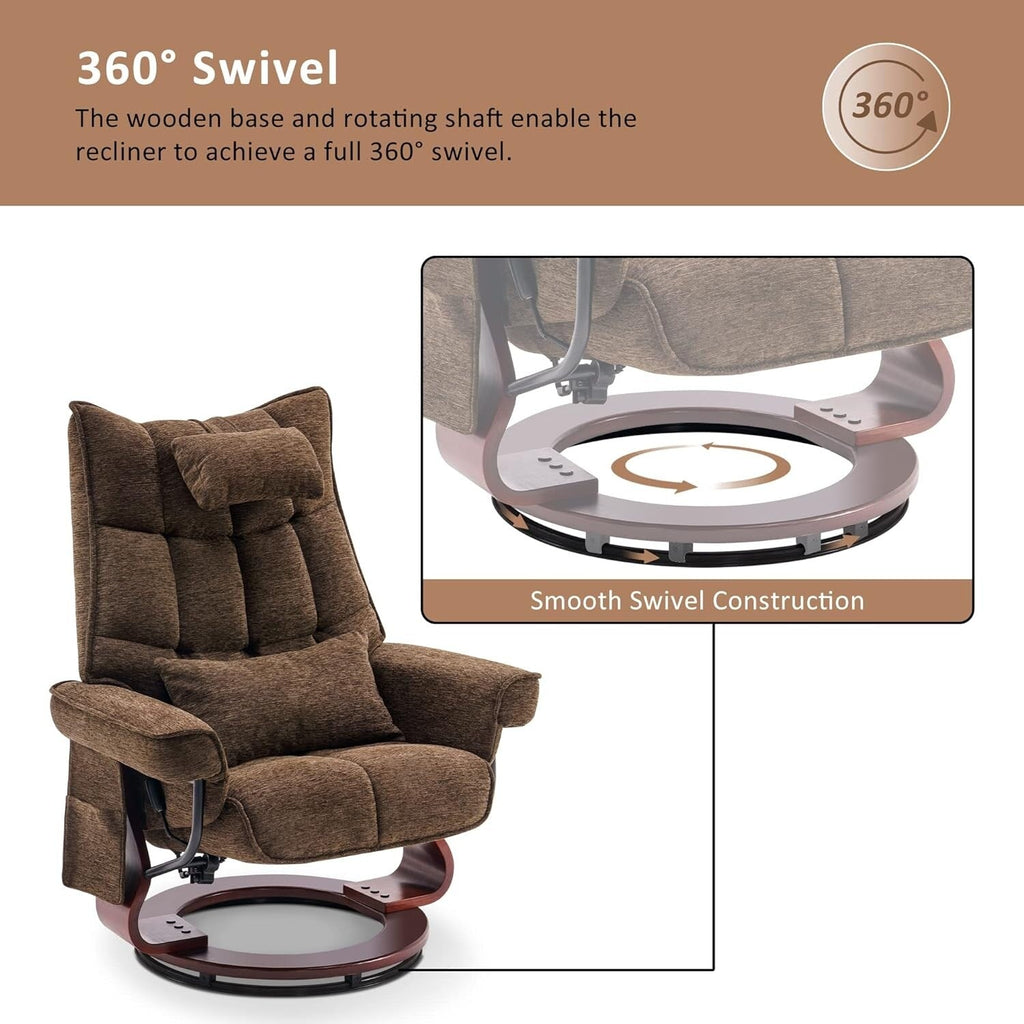 Ensemble de 2 fauteuils inclinables pivotants avec pouf et coussin de nuque, tissu chenille