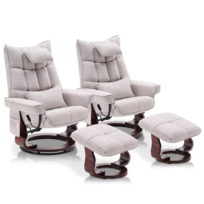 Ensemble de 2 fauteuils inclinables pivotants avec pouf et coussin de nuque, tissu chenille