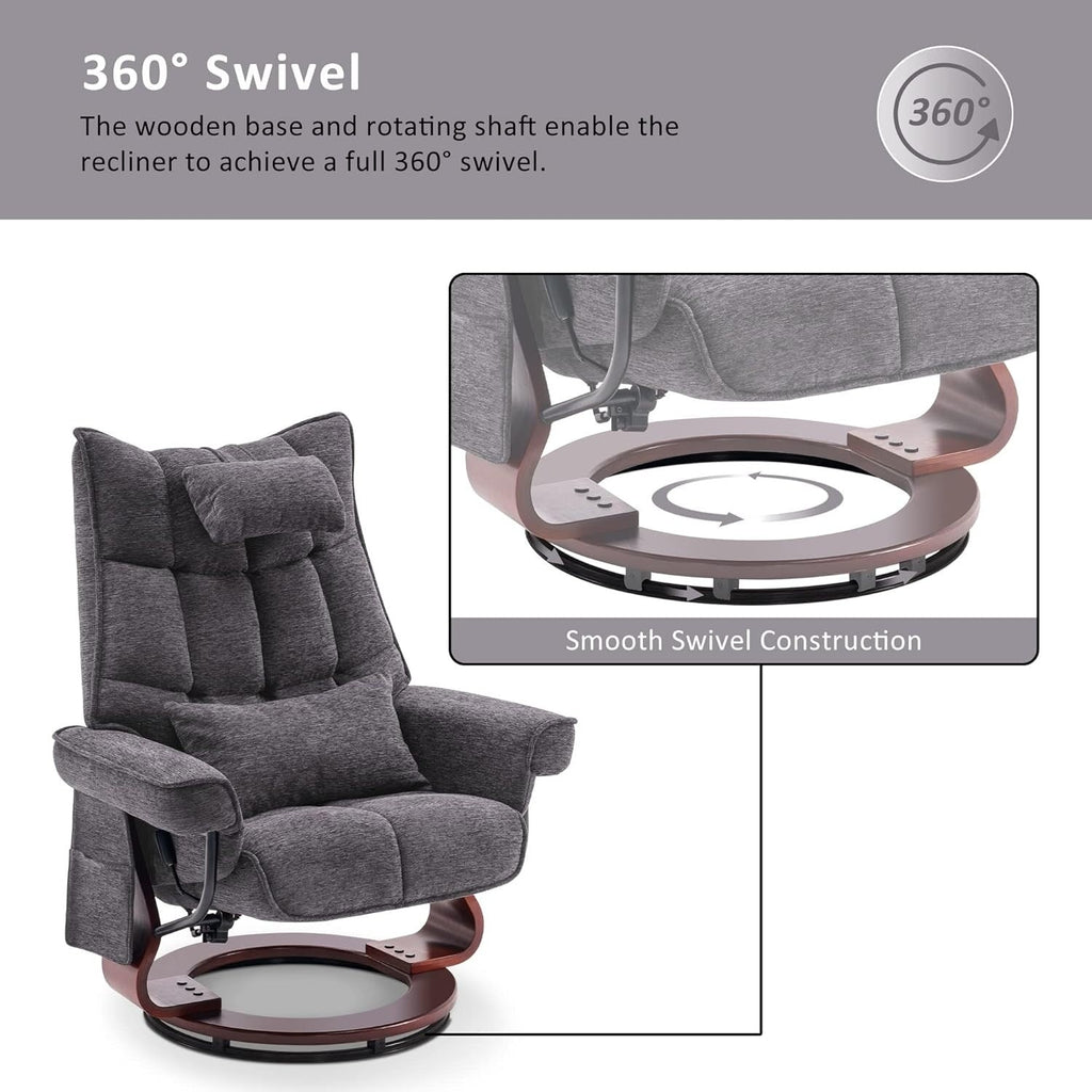 Ensemble de 2 fauteuils inclinables pivotants avec pouf et coussin de nuque, tissu chenille