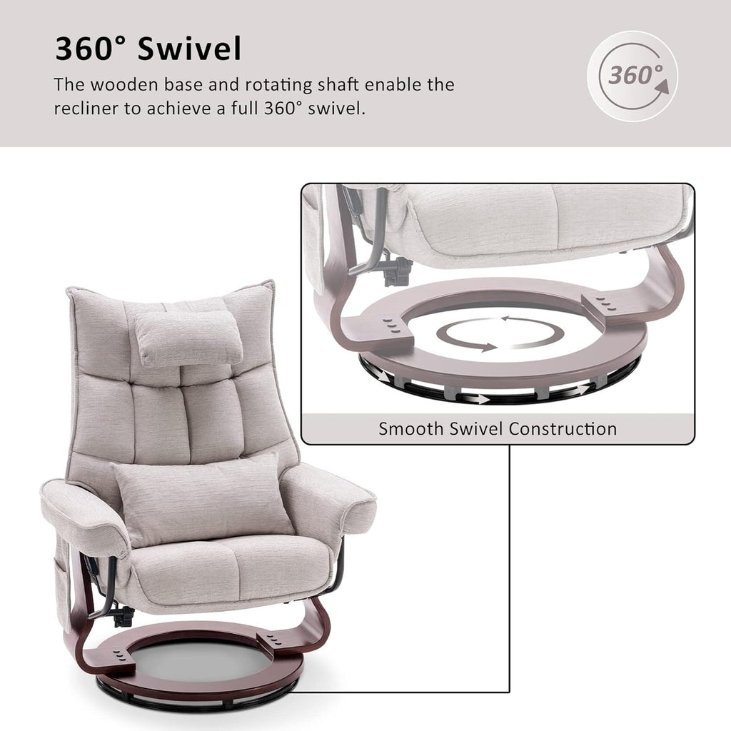 Ensemble de 2 fauteuils inclinables pivotants avec pouf et coussin de nuque, tissu chenille
