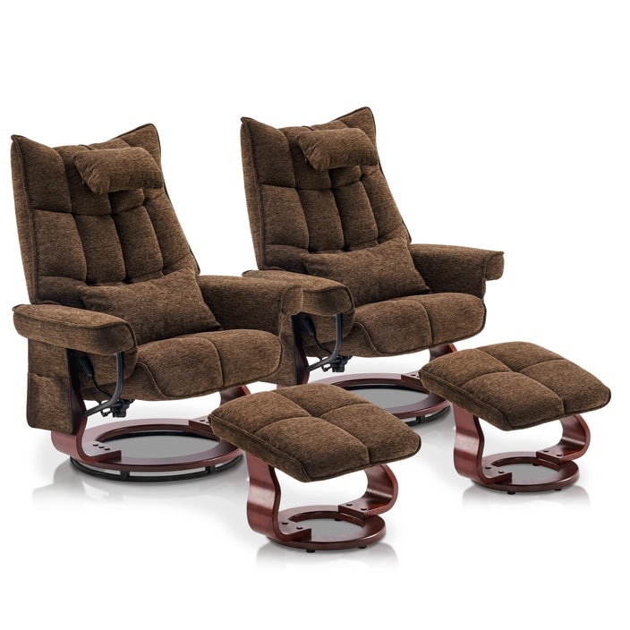 Ensemble de 2 fauteuils inclinables pivotants avec pouf et coussin de nuque, tissu chenille