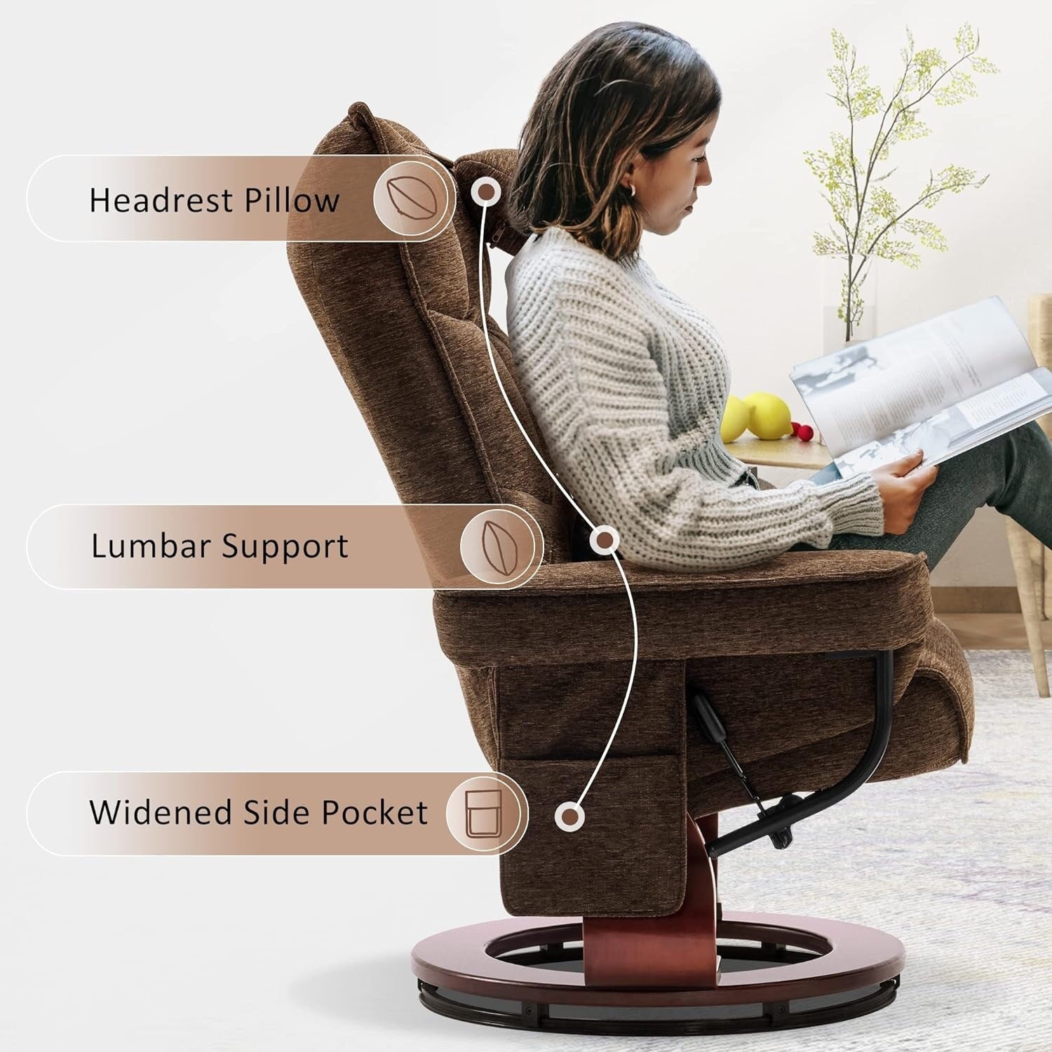 Ensemble de 2 fauteuils inclinables pivotants avec pouf et coussin de nuque, tissu chenille
