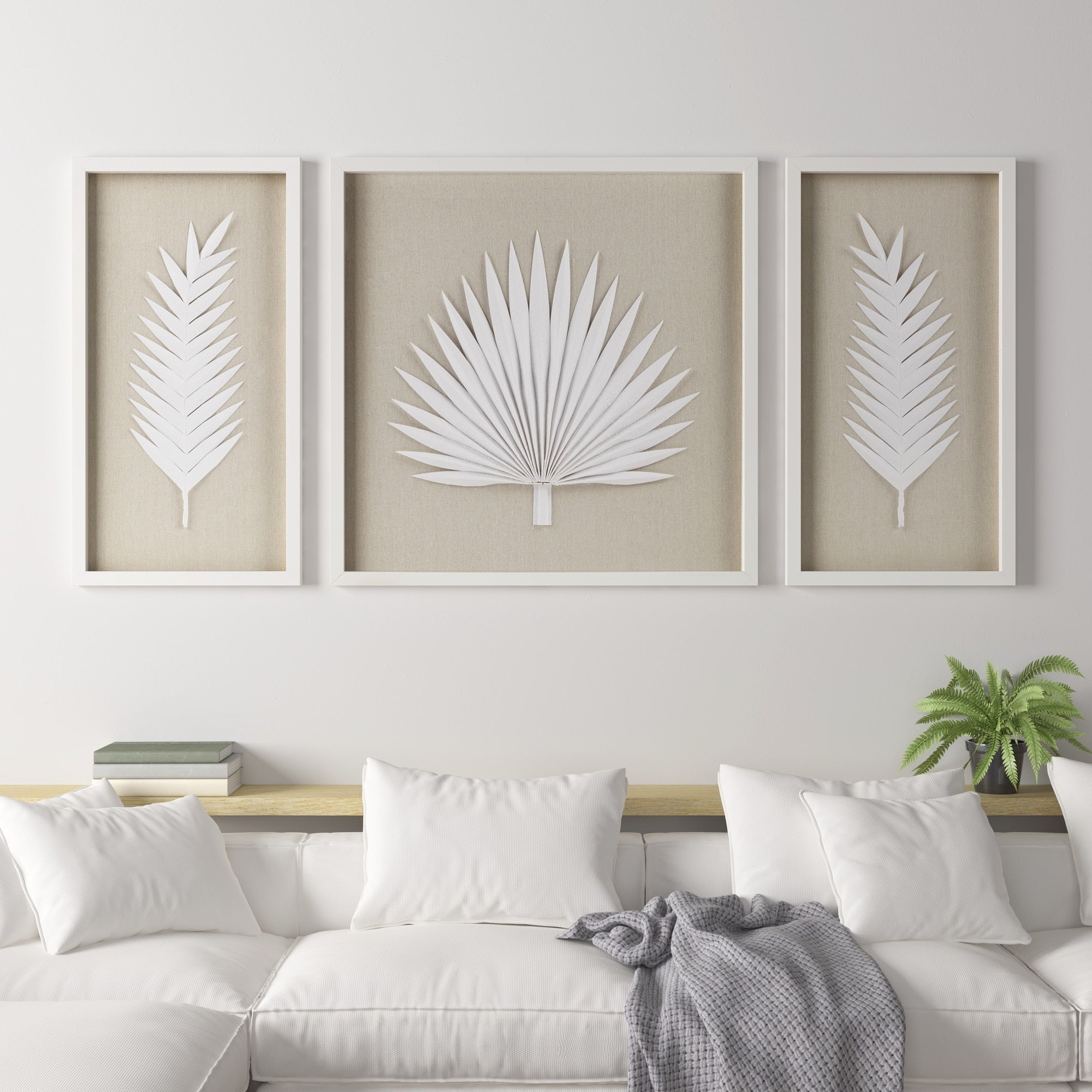Madison Park Sabal Ensemble de 3 décorations murales encadrées en papier de riz fait main Motif feuilles de palmier
