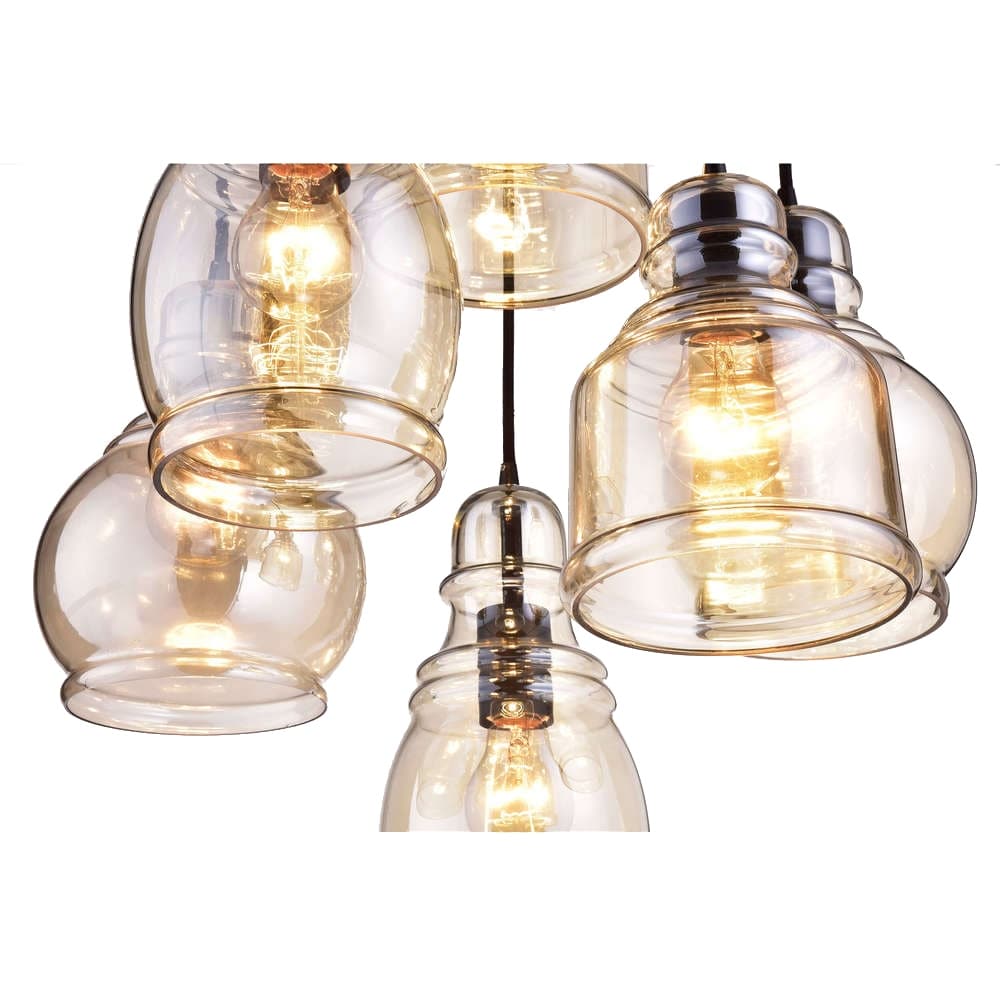 Suspension Mariana à 6 lumières en verre cognac noir antique et base ronde