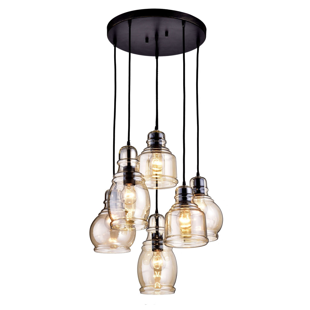 Suspension Mariana à 6 lumières en verre cognac noir antique et base ronde